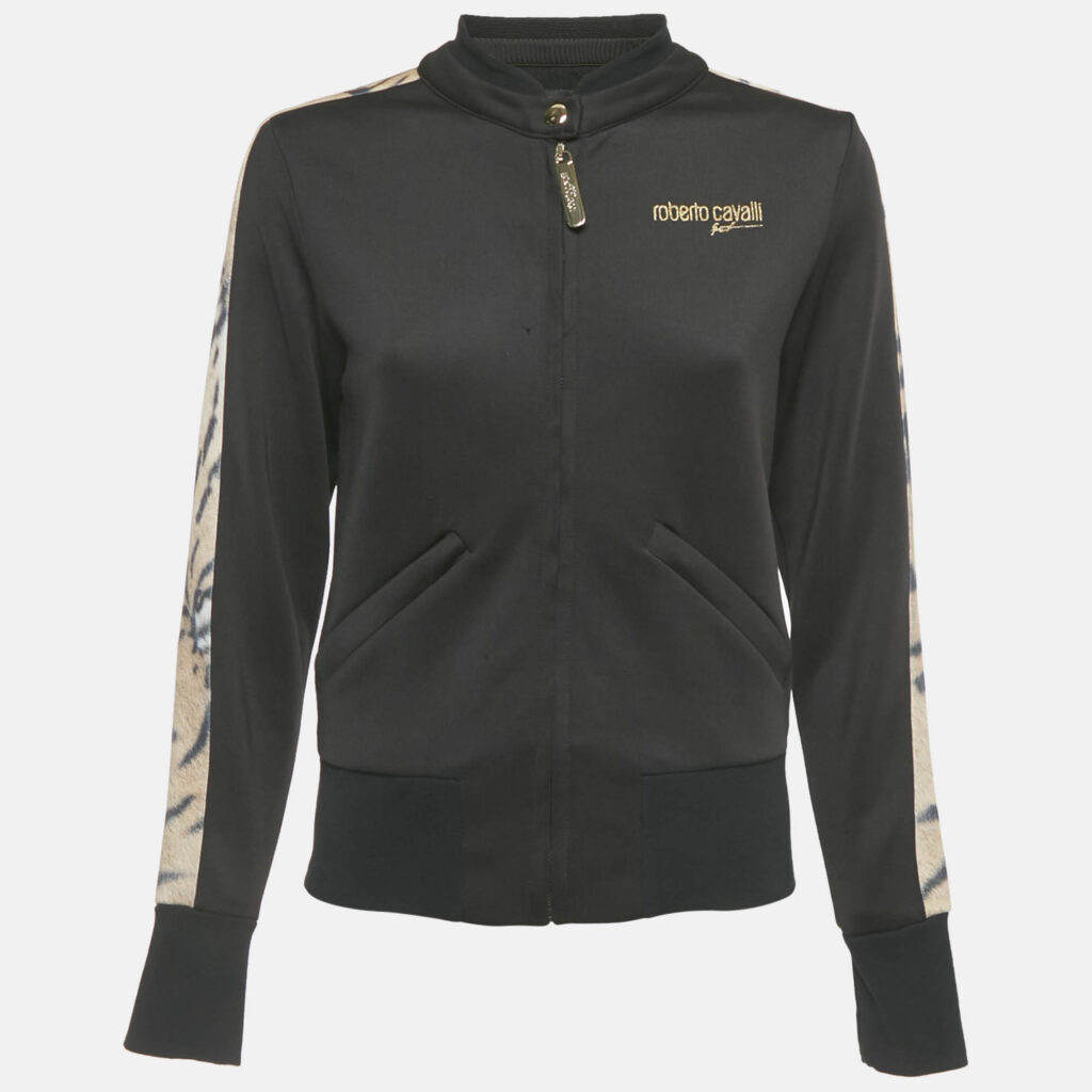 Roberto Cavalli Sport Black Animal Print Trim Crepe Zip Up Jacket S Roberto Cavalli Sport Black Animal Print Trim Crepe Zip Up Jacket S