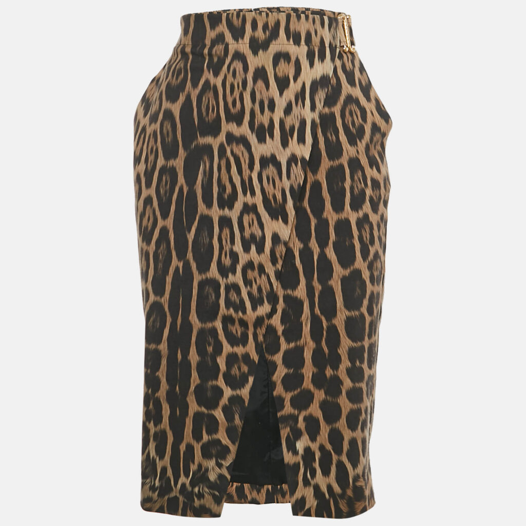 Roberto Cavalli Brown Leopard Print Wool Midi Skirt S Roberto Cavalli Brown Leopard Print Wool Midi Skirt S