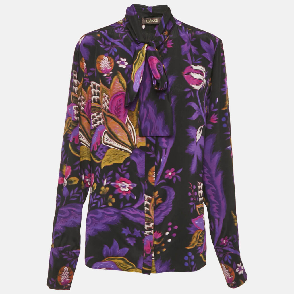 Roberto Cavalli Purple Floral Print Silk Neck Tie Detail Blouse L