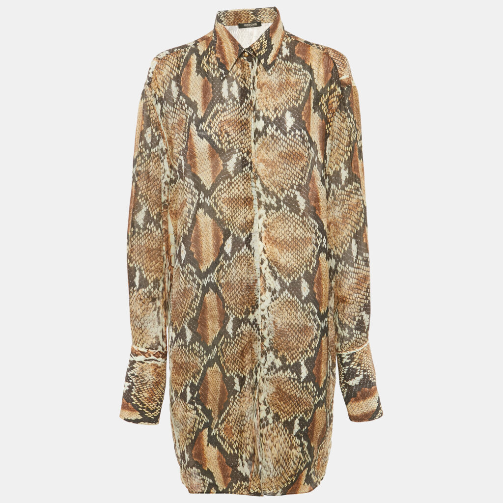 Roberto Cavalli Brown Python Print Cotton Blend Short Shirt Dress M