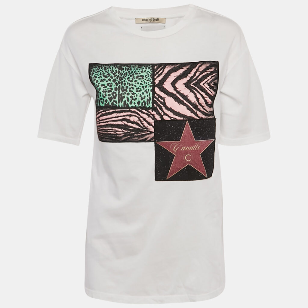Roberto Cavalli Multicolor Jersey Walk of Fame Patched Crew Neck T-Shirt XS