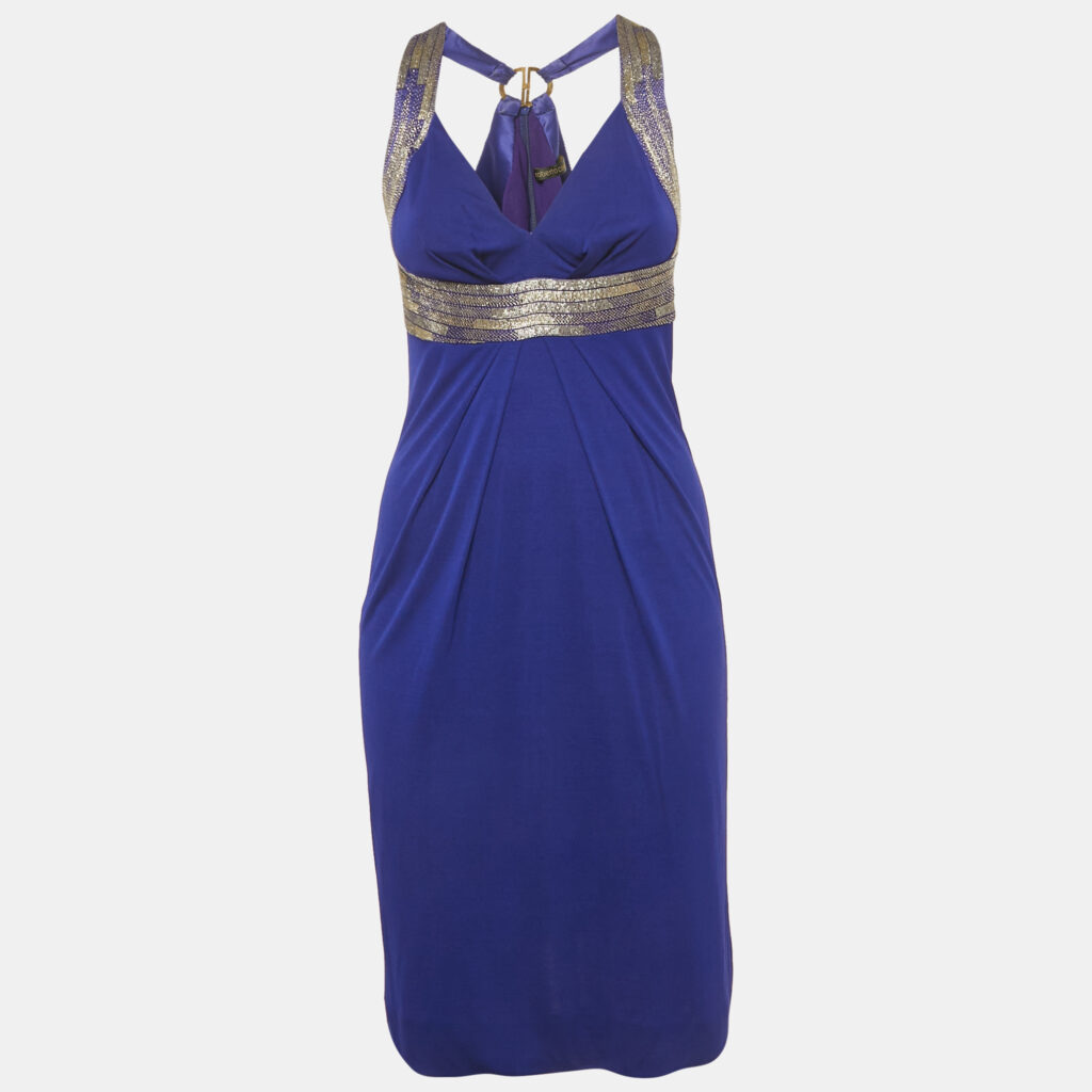 Roberto Cavalli Blue Beaded Jersey Short Dress S Roberto Cavalli Blue Beaded Jersey Short Dress S