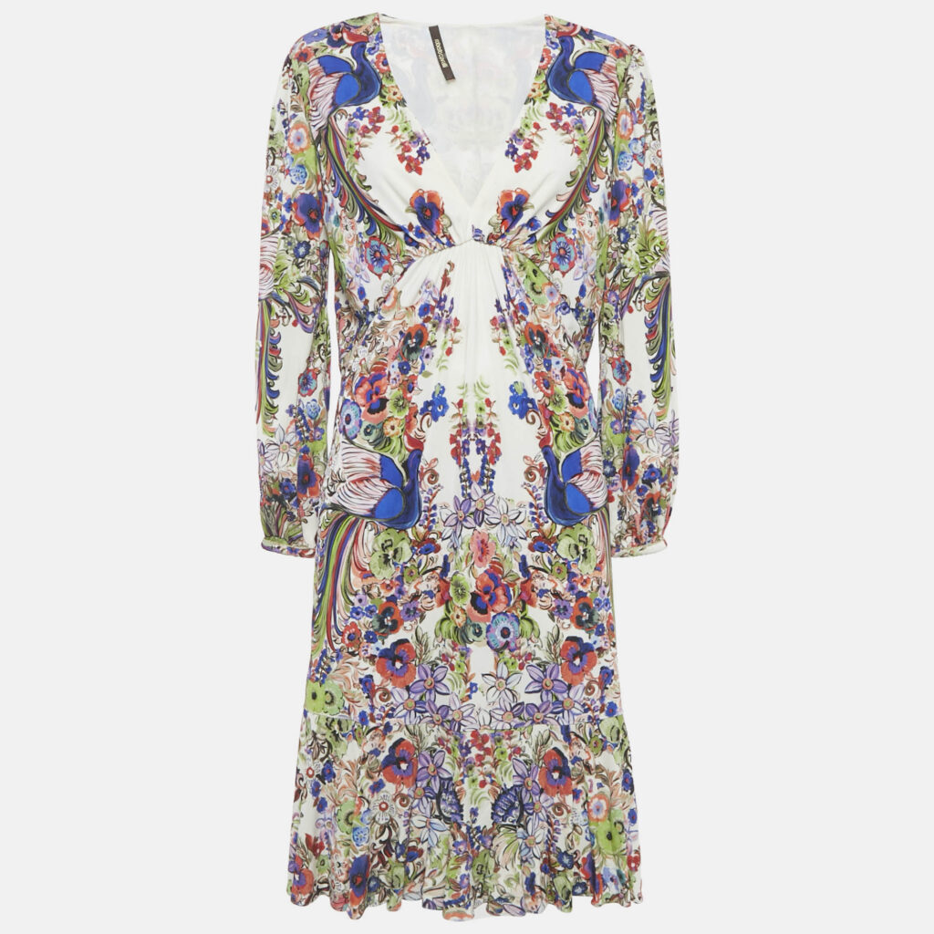 Roberto Cavalli Multicolor Floral Print Crepe Midi Dress M Roberto Cavalli Multicolor Floral Print Crepe Midi Dress M