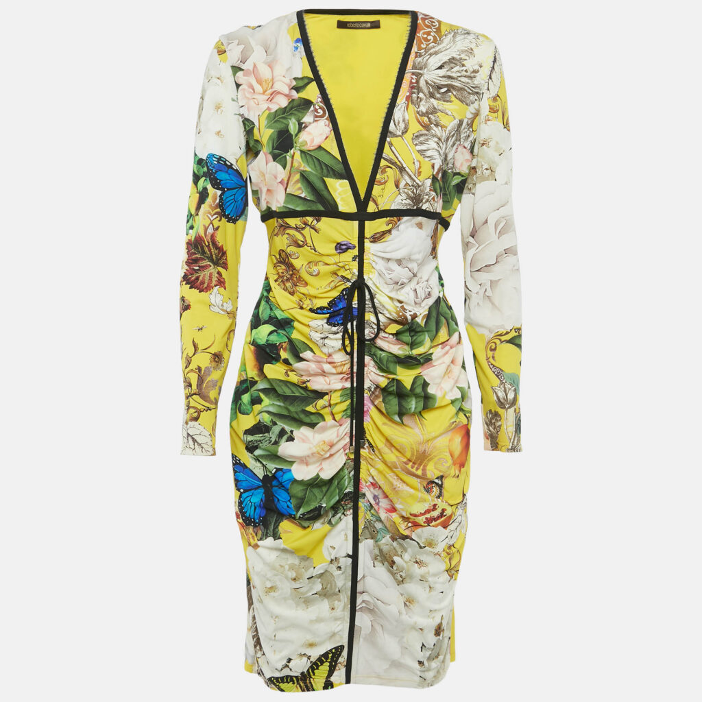 Roberto Cavalli Yellow Floral Print Jersey Ruched Detail Short Dress L Roberto Cavalli Yellow Floral Print Jersey Ruched Detail Short Dress L