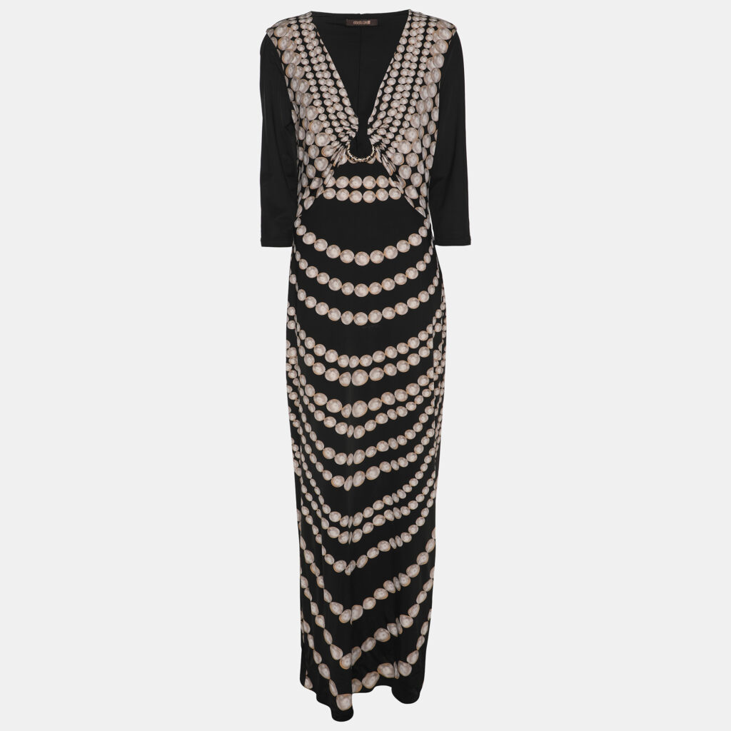 Roberto Cavalli Black Pearl Print Stretch Satin Long Sleeve Maxi Dress L Roberto Cavalli Black Pearl Print Stretch Satin Long Sleeve Maxi Dress L