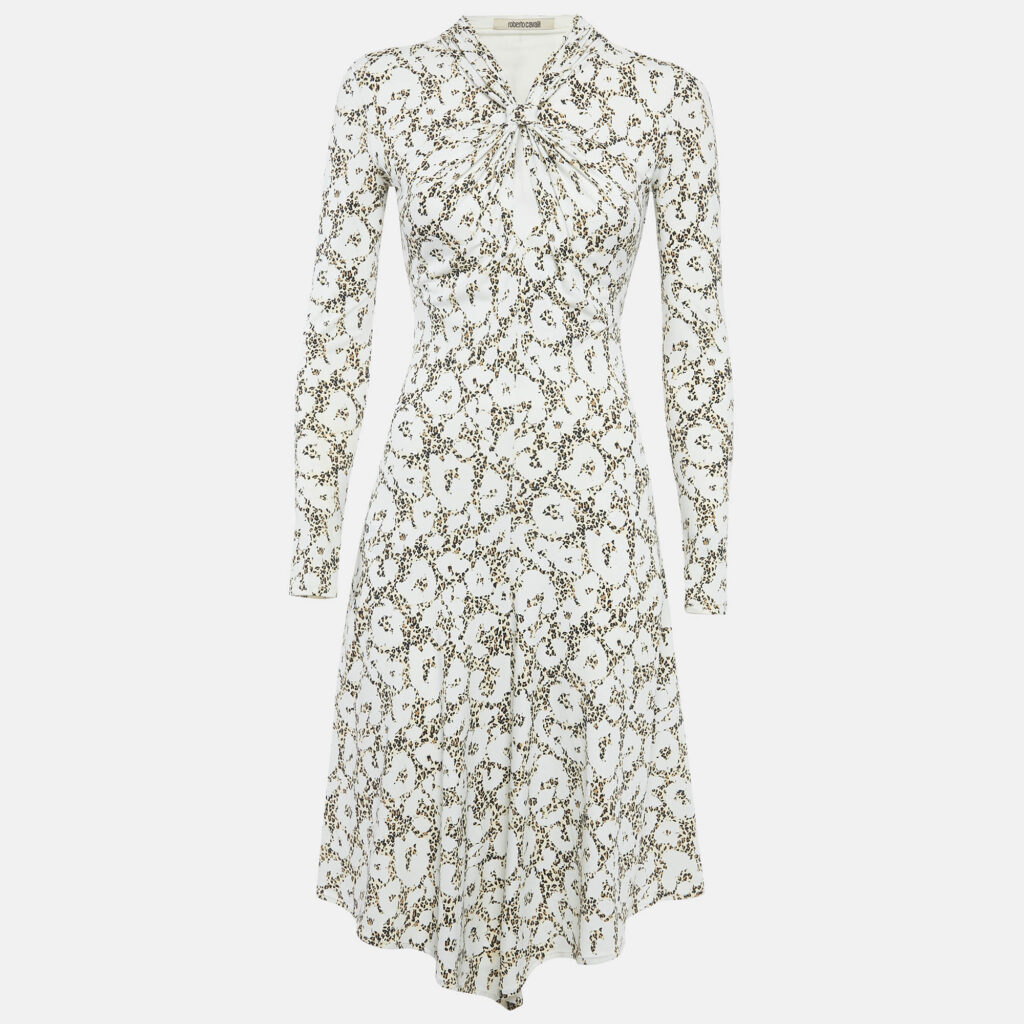 Roberto Cavalli White Animal Print Jersey Asymmetric Midi Dress S Roberto Cavalli White Animal Print Jersey Asymmetric Midi Dress S