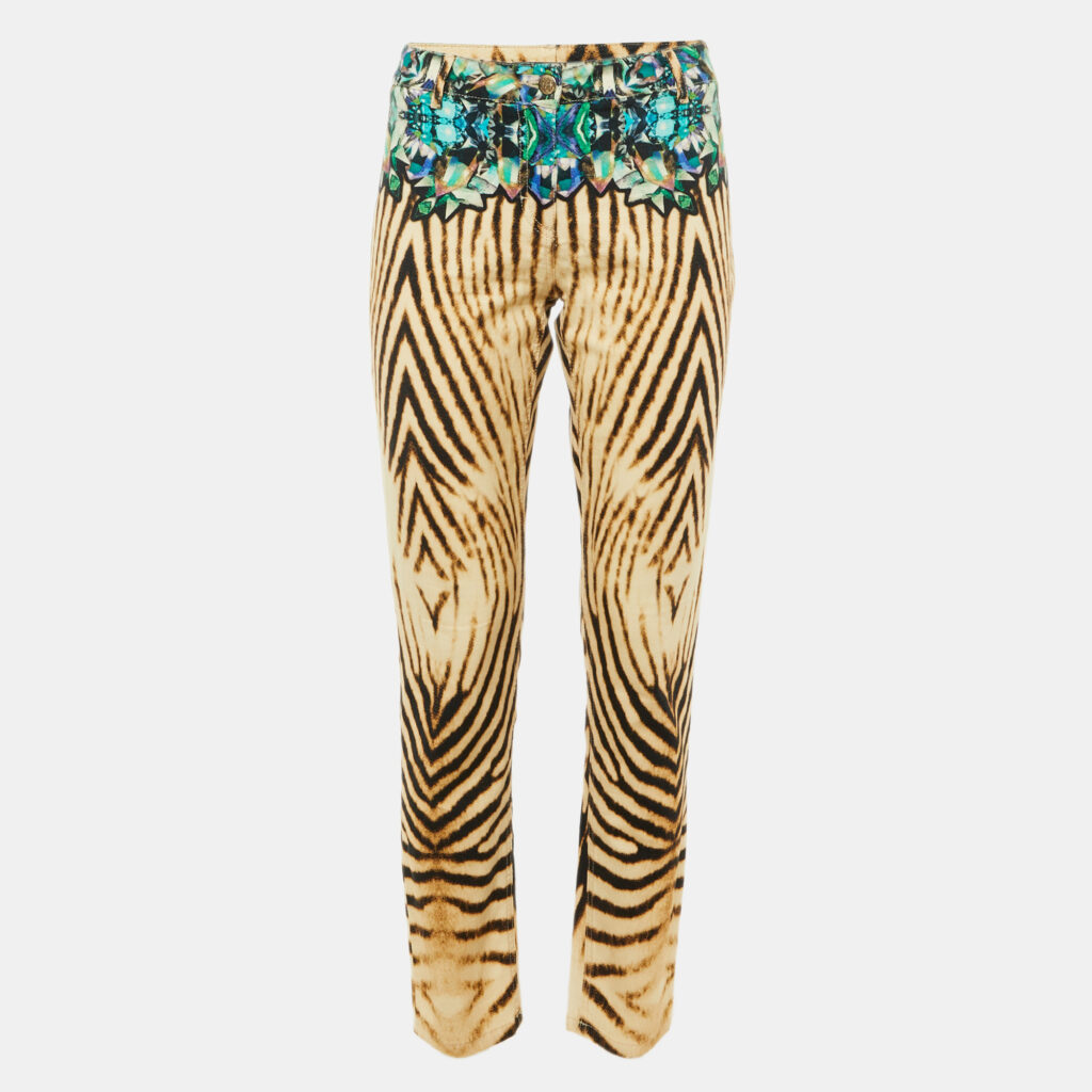Roberto Cavalli Beige Crystal Animal Print Cotton Skinny Jeans M/Waist 32"
