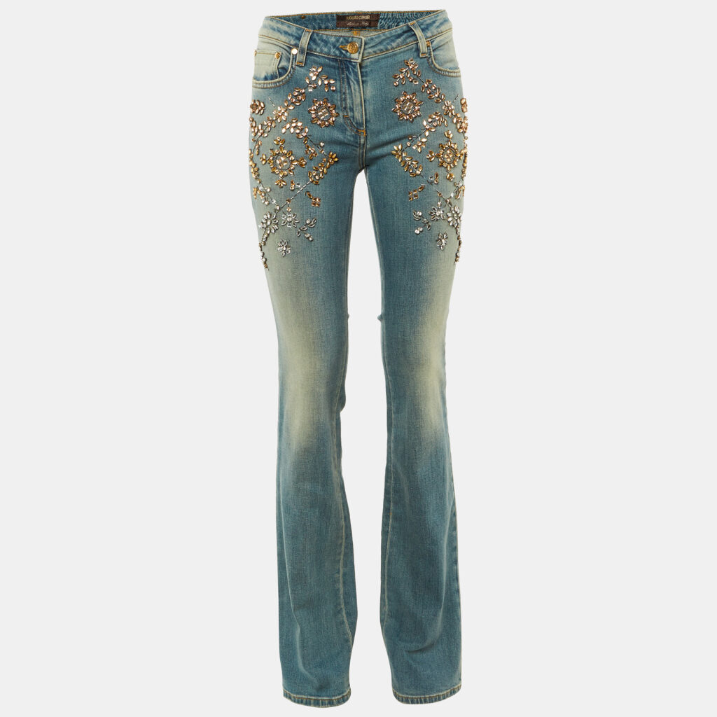 Roberto Cavalli Blue Denim Crystal Embellished Boot Cut Jeans M/Waist 31"