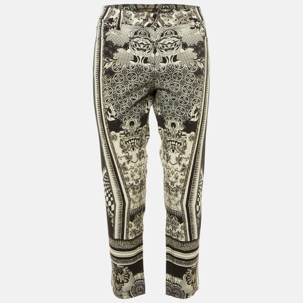 Roberto Cavalli Black Floral Print Denim Cropped Jeans L/Waist 34" Roberto Cavalli Black Floral Print Denim Cropped Jeans L/Waist 34"
