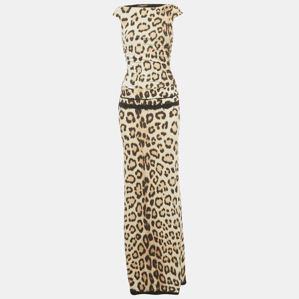 Roberto Cavalli Beige Animal Printed Jersey Cutout Back Detail Long Dress M