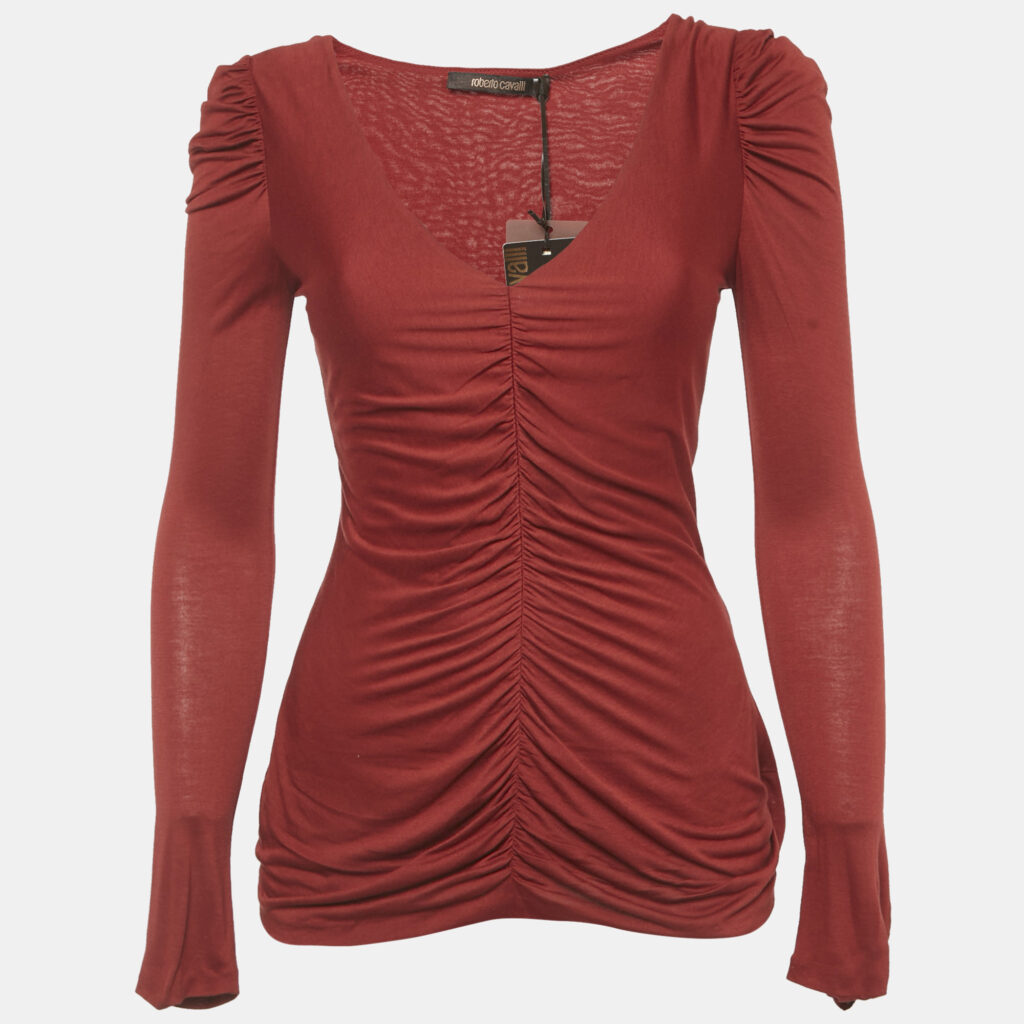 Roberto Cavalli Red Ruched Jersey Long Sleeve Top S Roberto Cavalli Red Ruched Jersey Long Sleeve Top S
