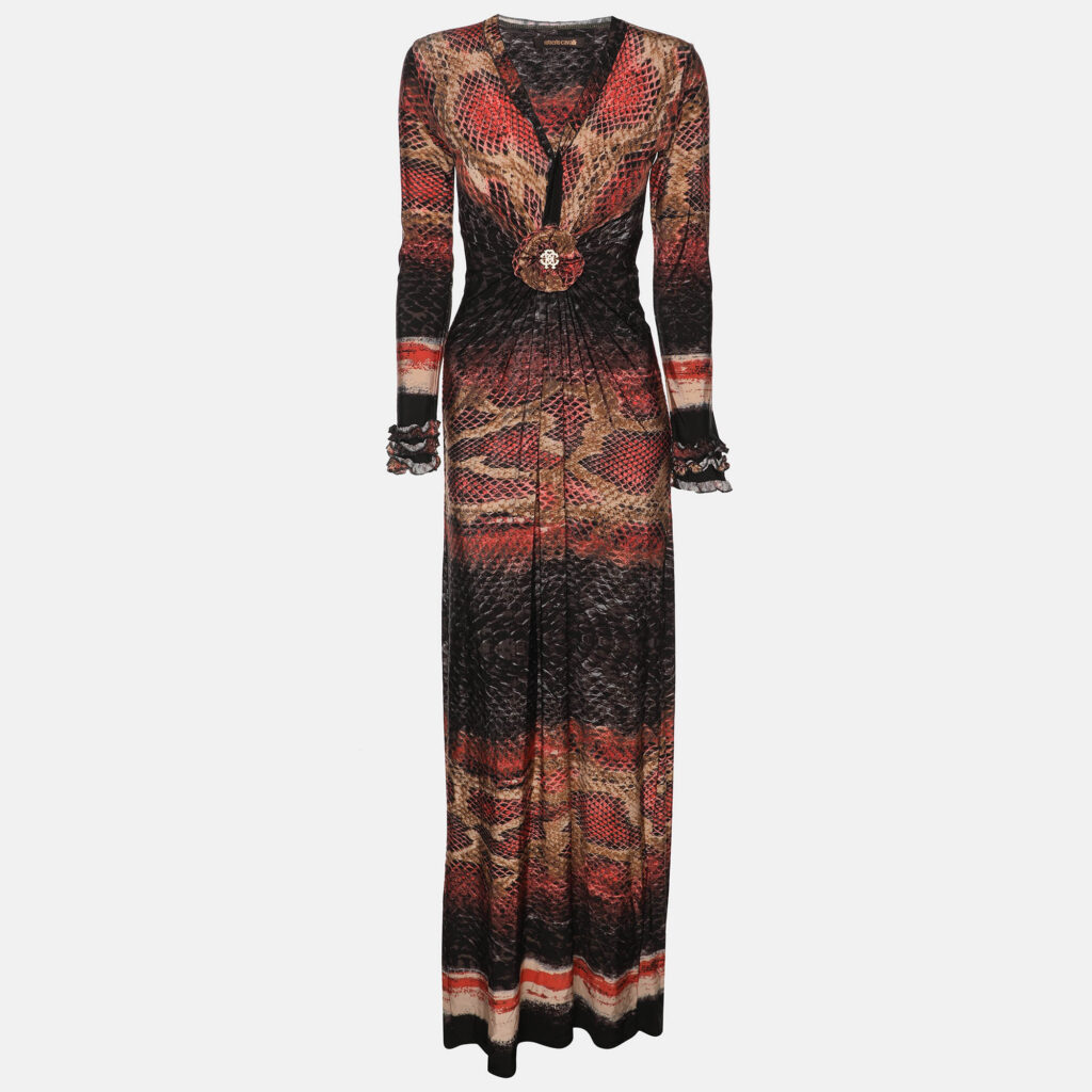Roberto Cavalli Multicolor Snake Print Stretch Fabric Long Sleeve Maxi Dress S