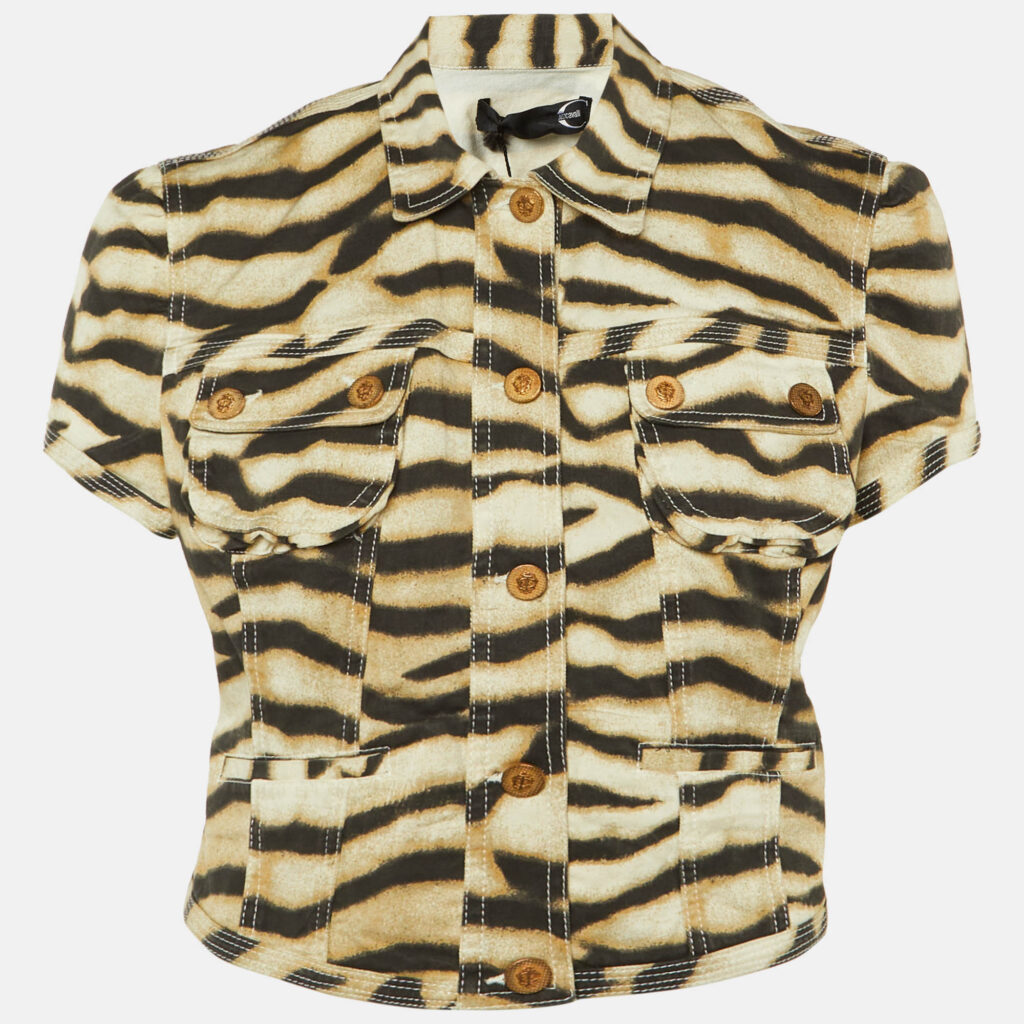 Roberto Cavalli Beige Animal Printed Stretch Cotton Crop Jacket M Roberto Cavalli Beige Animal Printed Stretch Cotton Crop Jacket M