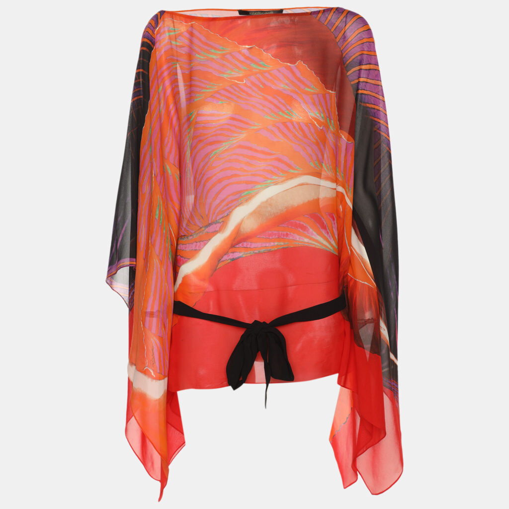 Roberto Cavalli Multicolor Printed Silk Chiffon Waist Tie Detail Kaftan Top S Roberto Cavalli Multicolor Printed Silk Chiffon Waist Tie Detail Kaftan Top S