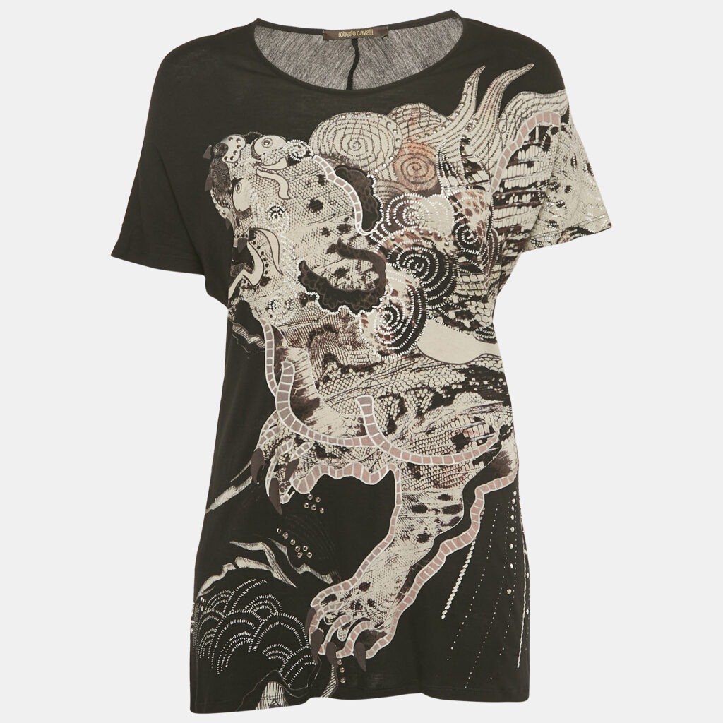 Roberto Cavalli Black Printed Stud Detail Jersey T-Shirt M Roberto Cavalli Black Printed Stud Detail Jersey T-Shirt M