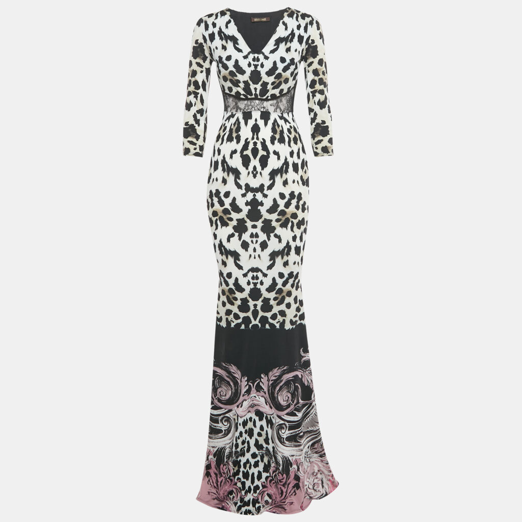 Roberto Cavalli Black /White Animal Print Lace Detail Jersey Maxi Dress S