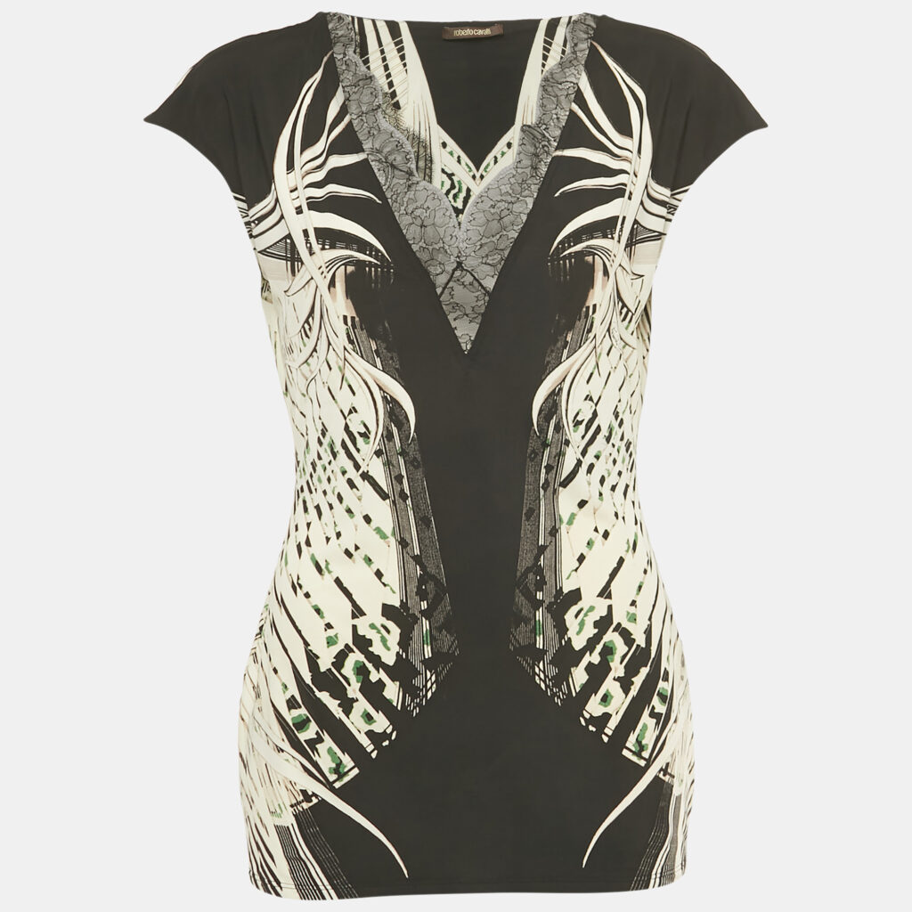 Roberto Cavalli Black /White Printed Lace Detail Jersey Top L Roberto Cavalli Black /White Printed Lace Detail Jersey Top L