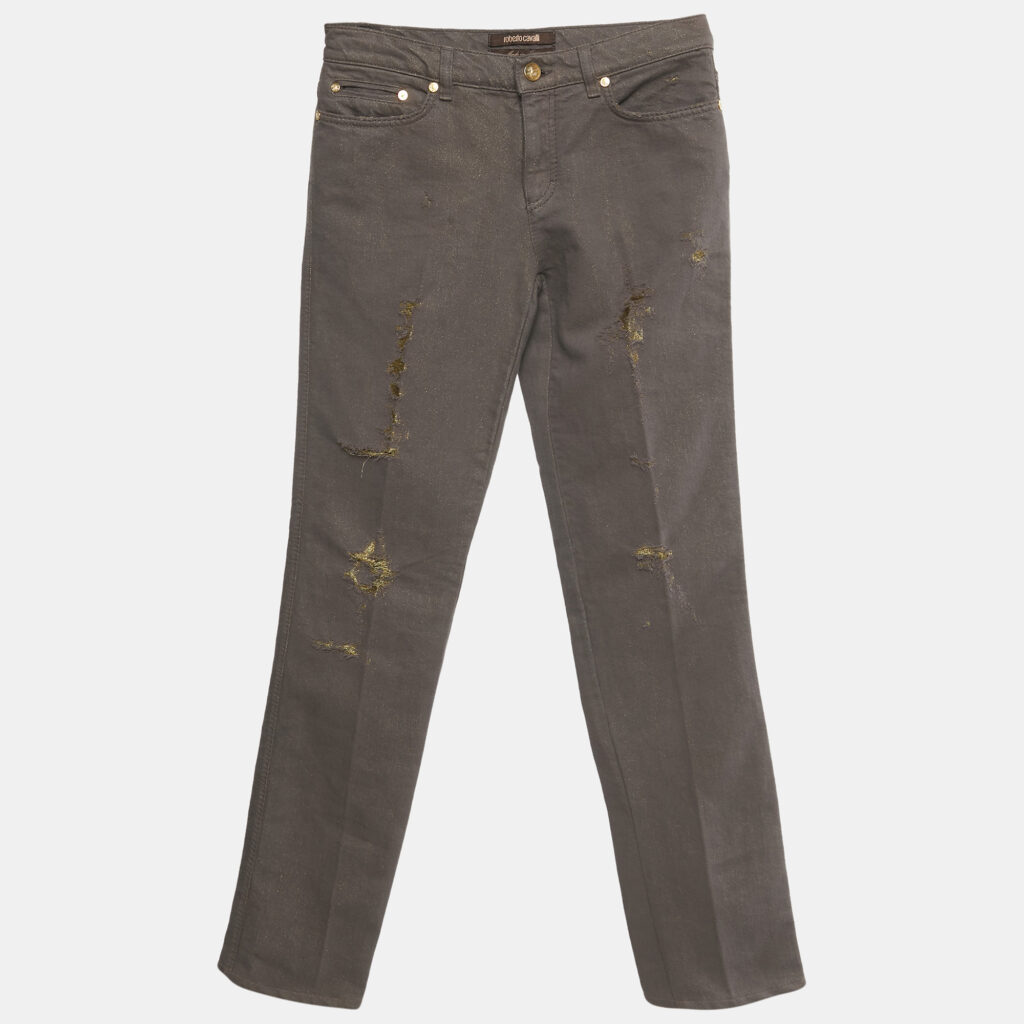 Roberto Cavalli Brown & Gold Denim Distressed Straight Leg Jeans S Waist 27" Roberto Cavalli Brown & Gold Denim Distressed Straight Leg Jeans S Waist 27"