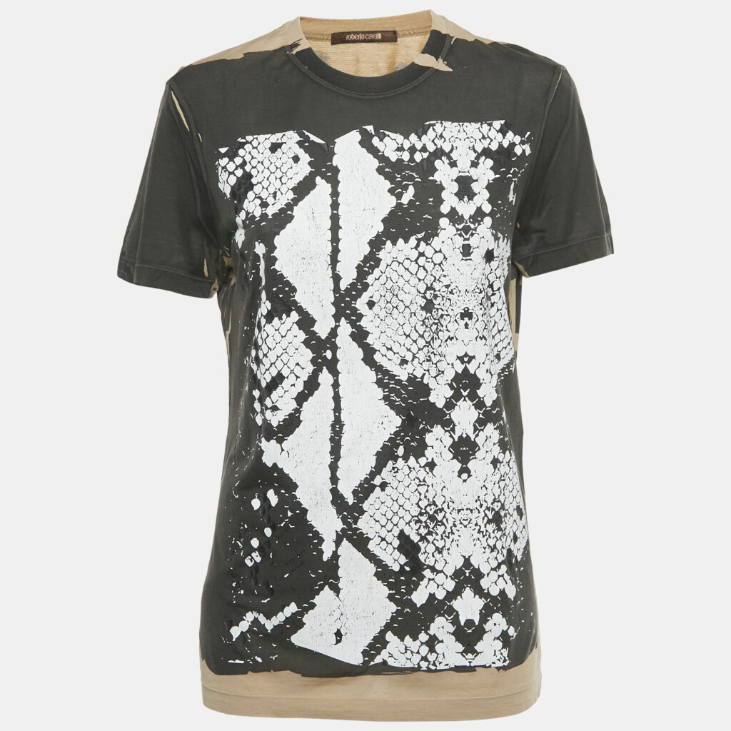 Roberto Cavalli Brown Snake Skin Print Cotton T-Shirt L Roberto Cavalli Brown Snake Skin Print Cotton T-Shirt L