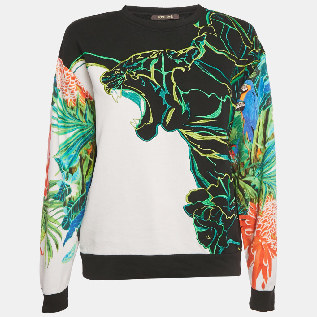 Roberto Cavalli Black/Green Printed Cotton Sweatshirt M