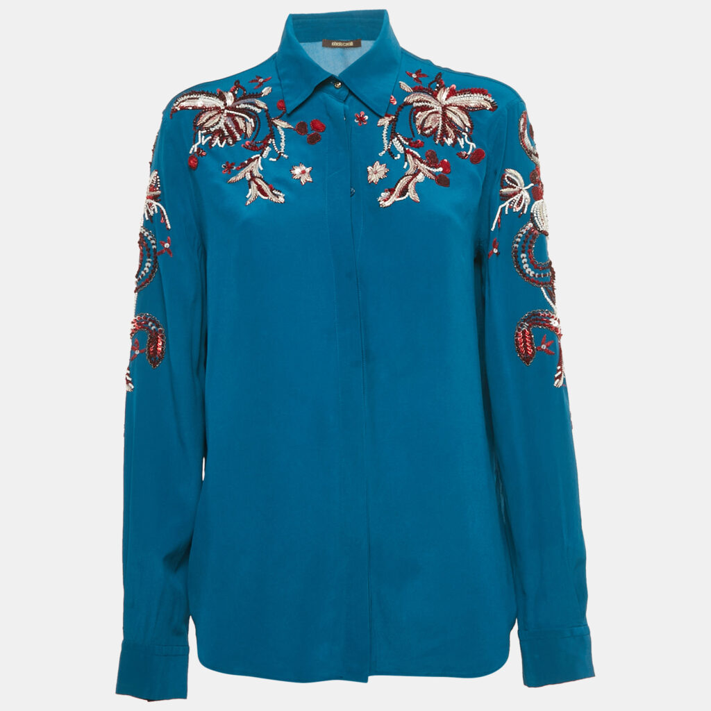 Roberto Cavalli Blue Sequin Embroidered Silk Shirt M Roberto Cavalli Blue Sequin Embroidered Silk Shirt M