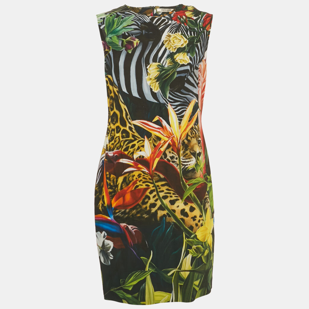 Roberto Cavalli Green Tropical Print Jersey Mini Dress L