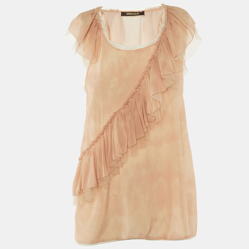 Roberto Cavalli Beige Tie Dye Silk Frill Detail Top S