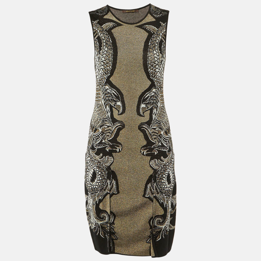 Roberto Cavalli Black Eagle Patterned Lurex Knit Short Dress S