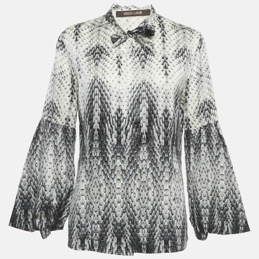 Roberto Cavalli White /Black Printed Neck Tie Detail Shirt L