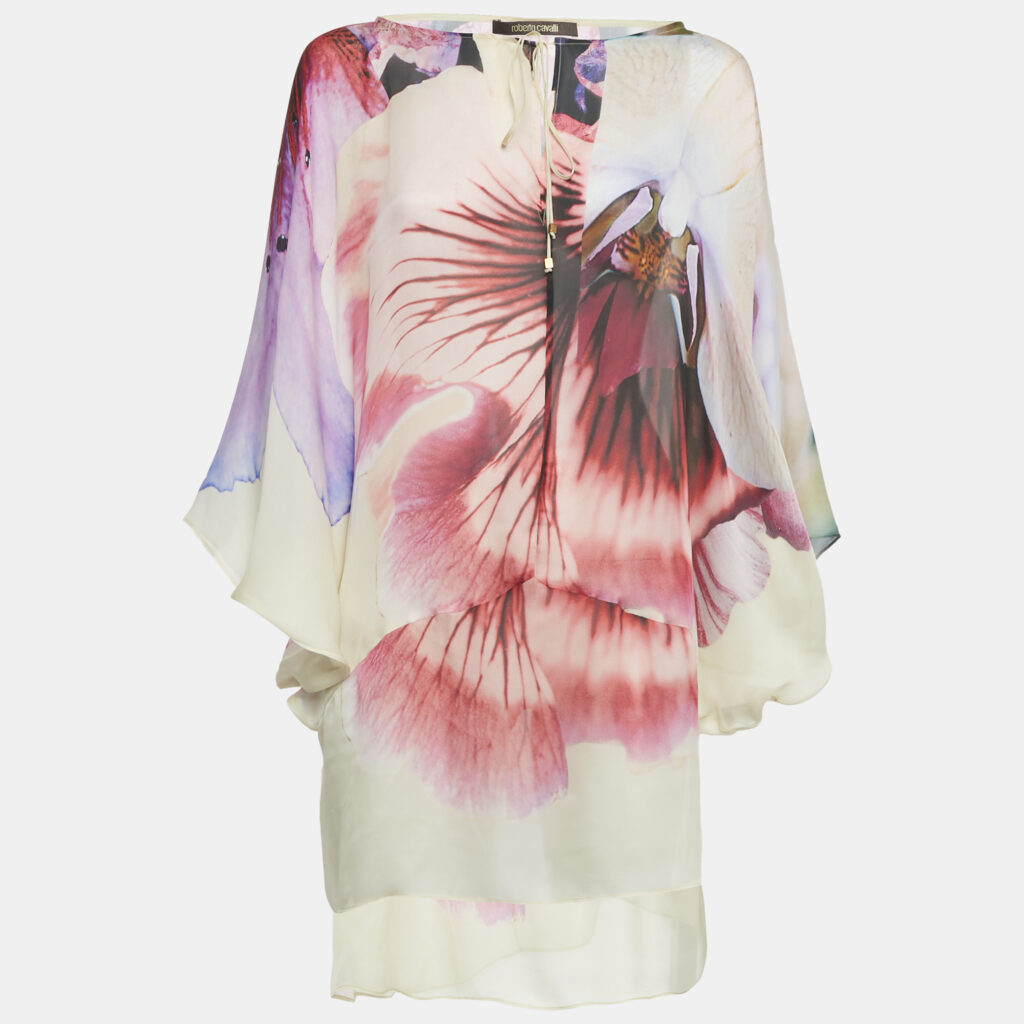 Roberto Cavalli Multicolor Floral Print Silk Tunic Top M