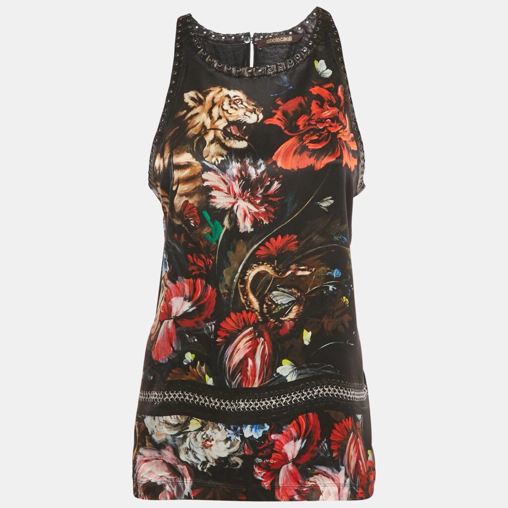Roberto Cavalli Black Floral Print Silk Lace-up Leather Tank Top M Roberto Cavalli Black Floral Print Silk Lace-up Leather Tank Top M