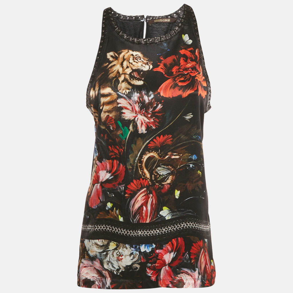 Roberto Cavalli Black Floral Print Silk Lace-up Leather Tank Top M Roberto Cavalli Black Floral Print Silk Lace-up Leather Tank Top M
