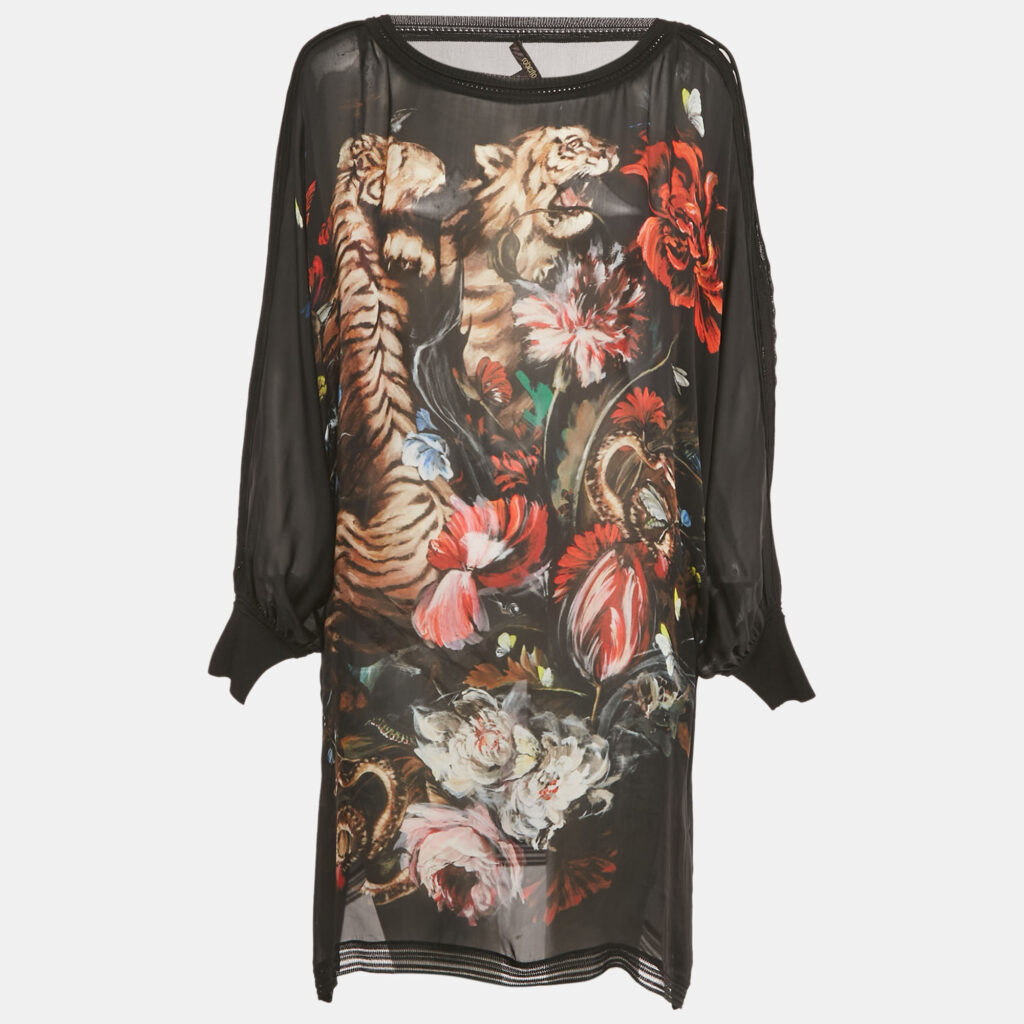 Roberto Cavalli Black Floral Print Silk Semi Sheer Dress M Roberto Cavalli Black Floral Print Silk Semi Sheer Dress M