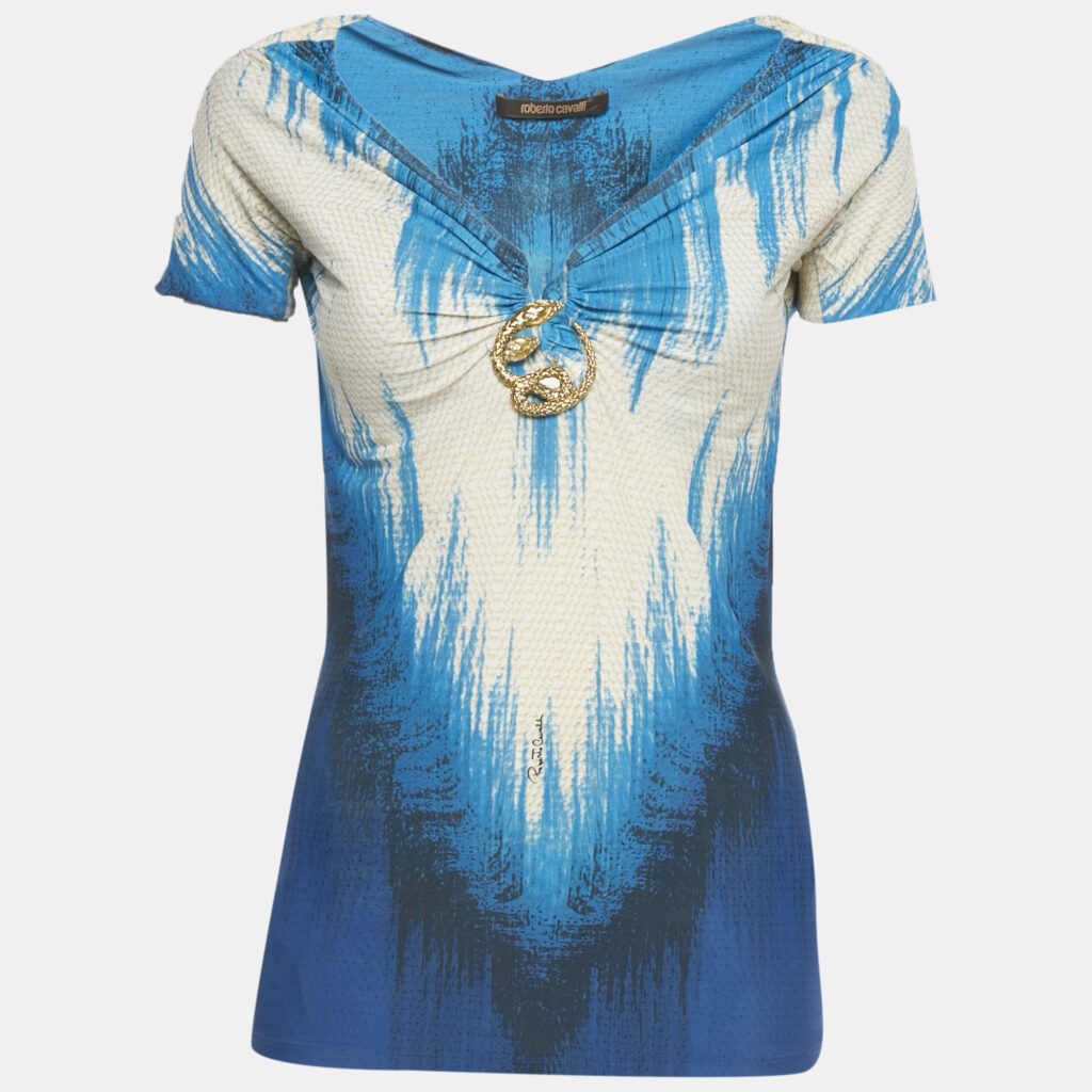 Roberto Cavalli Blue /Ivory Printed Jersey Snake Brooch Detail Top M Roberto Cavalli Blue /Ivory Printed Jersey Snake Brooch Detail Top M