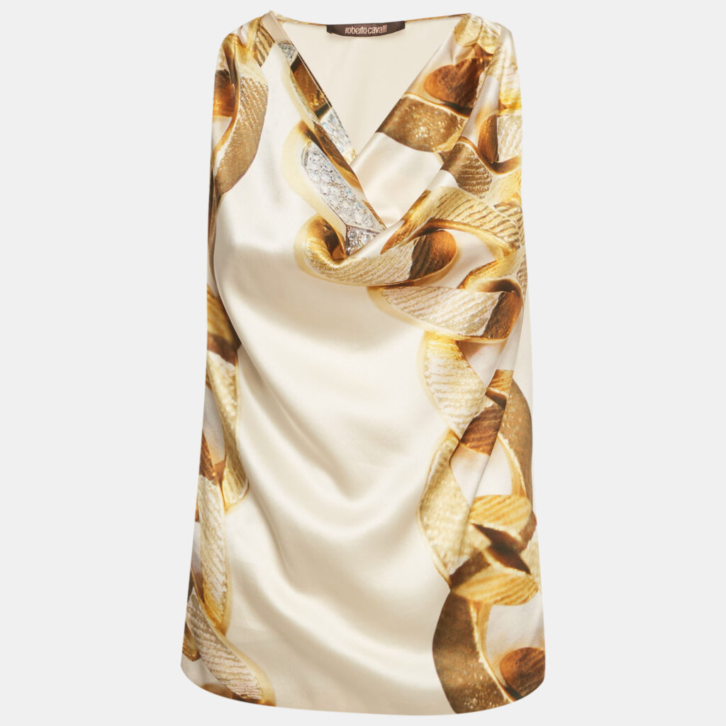 Roberto Cavalli Beige Printed Silk Cowl Neck Sleeveless Blouse S