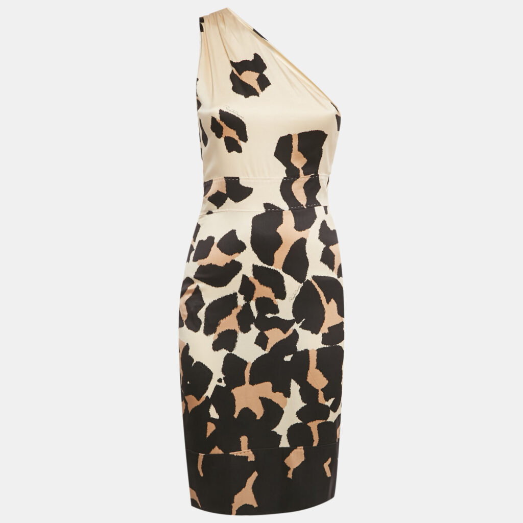 Roberto Cavalli Beige Printed Silk One shoulder Short Dress S Roberto Cavalli Beige Printed Silk One shoulder Short Dress S