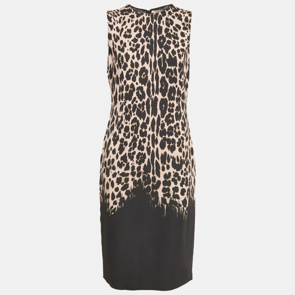 Roberto Cavalli Black Leopard Print Crepe Sleeveless Midi Dress L Roberto Cavalli Black Leopard Print Crepe Sleeveless Midi Dress L
