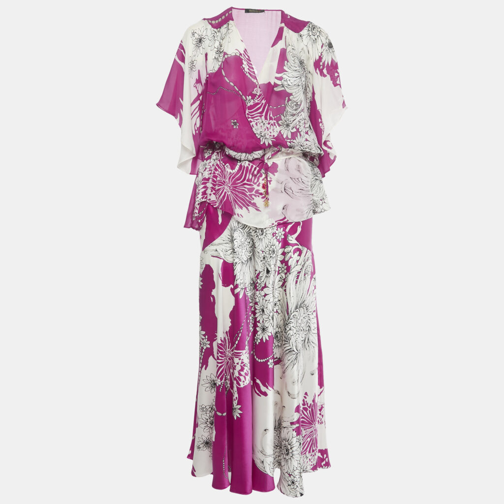 Roberto Cavalli Pink Floral Print Silk Top &Skirt Set M/L