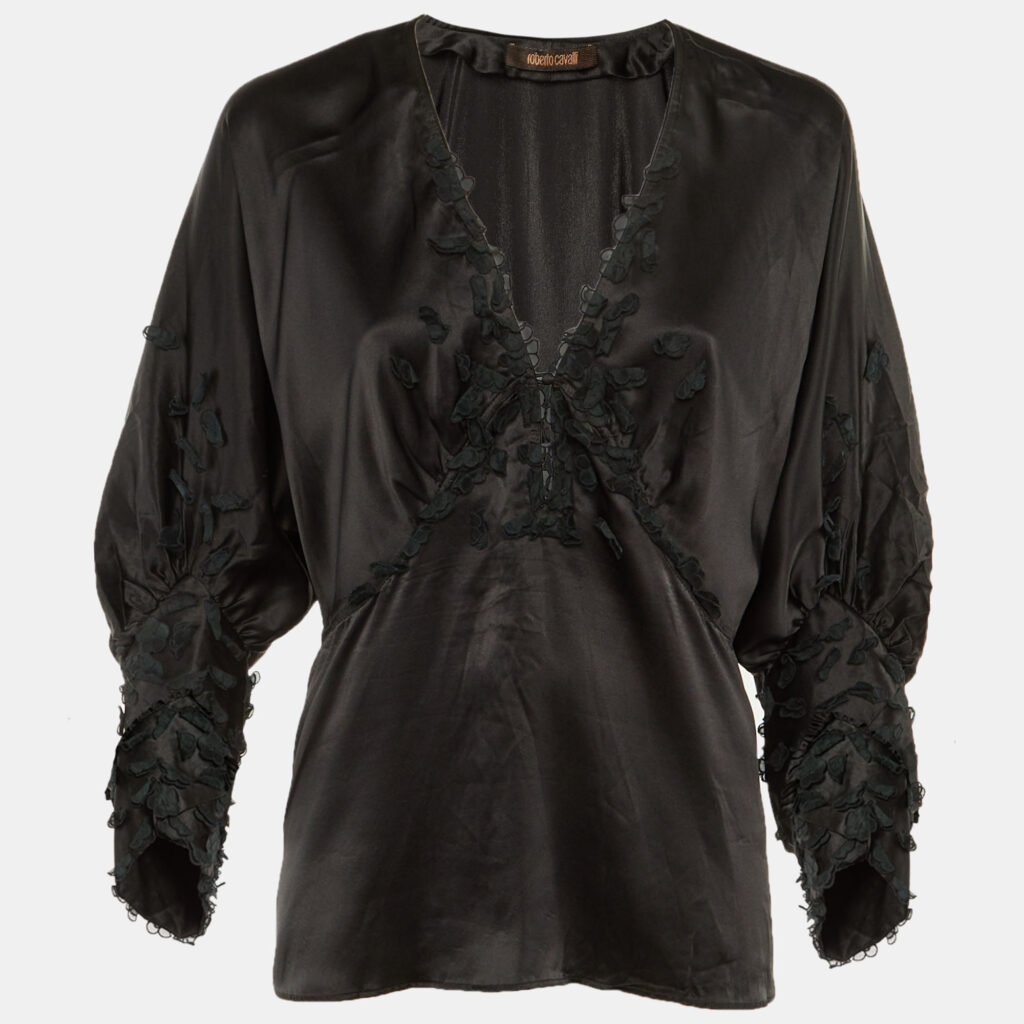 luxury-women-roberto-cavalli-used-clothes-p1241089-002-1.jpg Roberto Cavalli Black Silk Floral Applique Detail Blouse M