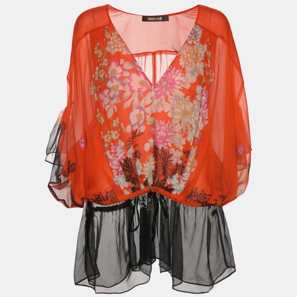 Roberto Cavalli Orange/Black Floral Print Chiffon Tops S Roberto Cavalli Orange/Black Floral Print Chiffon Tops S