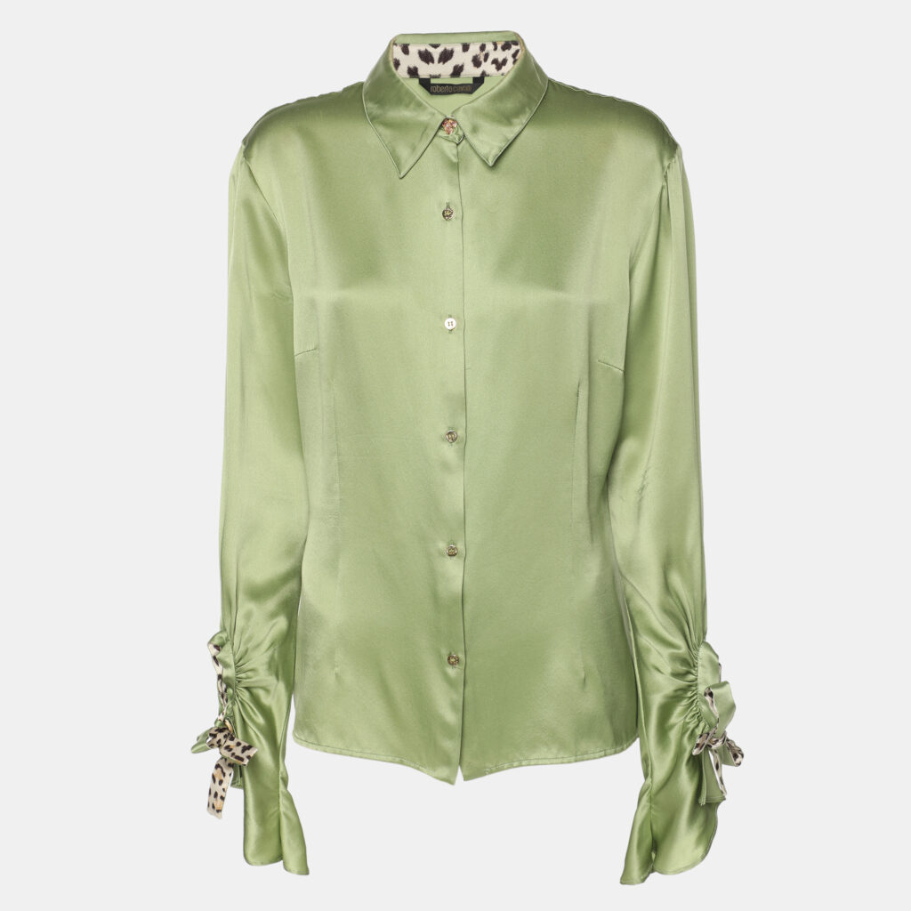 Roberto Cavalli Green Satin Long Sleeve Tops L