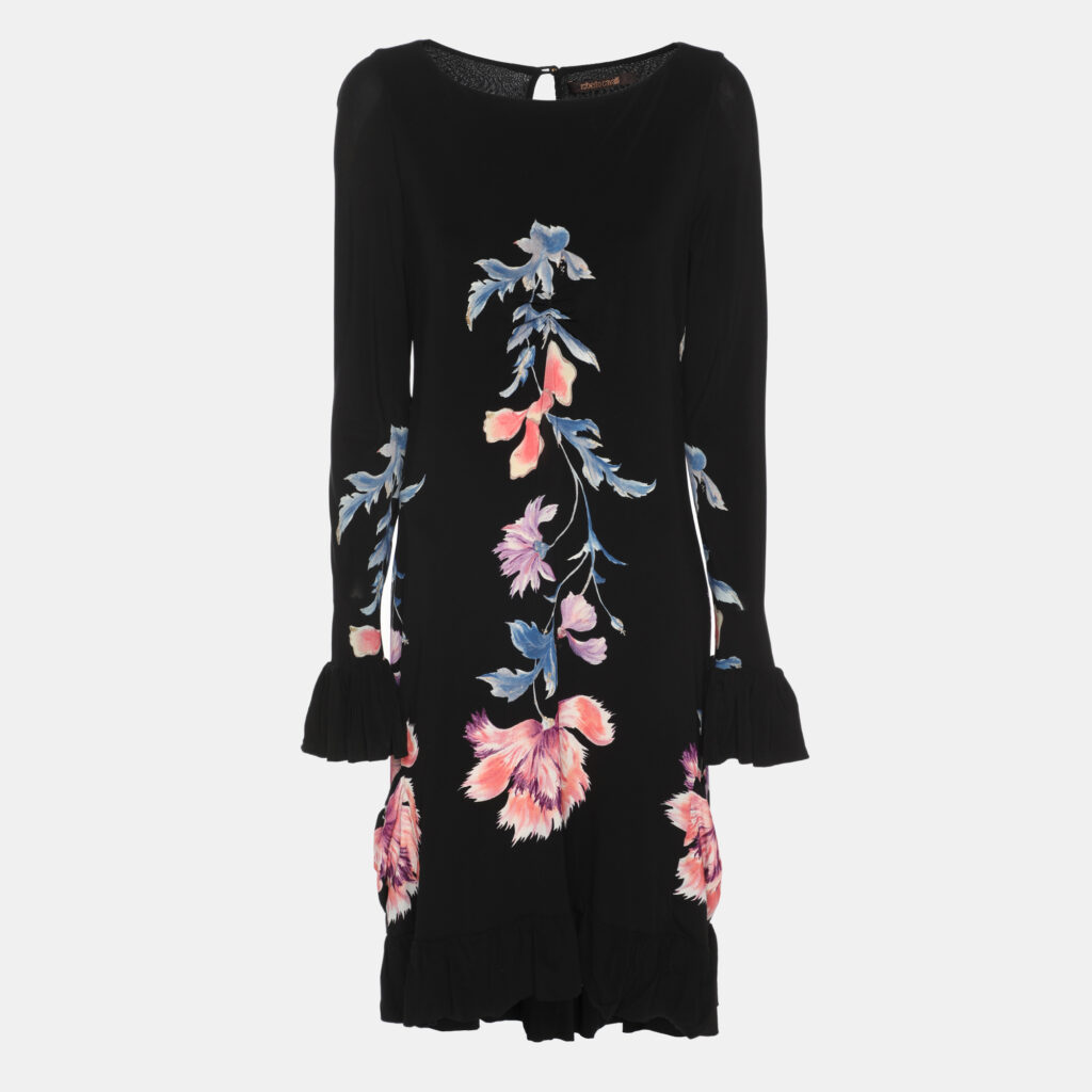 Roberto Cavalli Black Floral Print Stretch Knit Mini Dress M Roberto Cavalli Black Floral Print Stretch Knit Mini Dress M