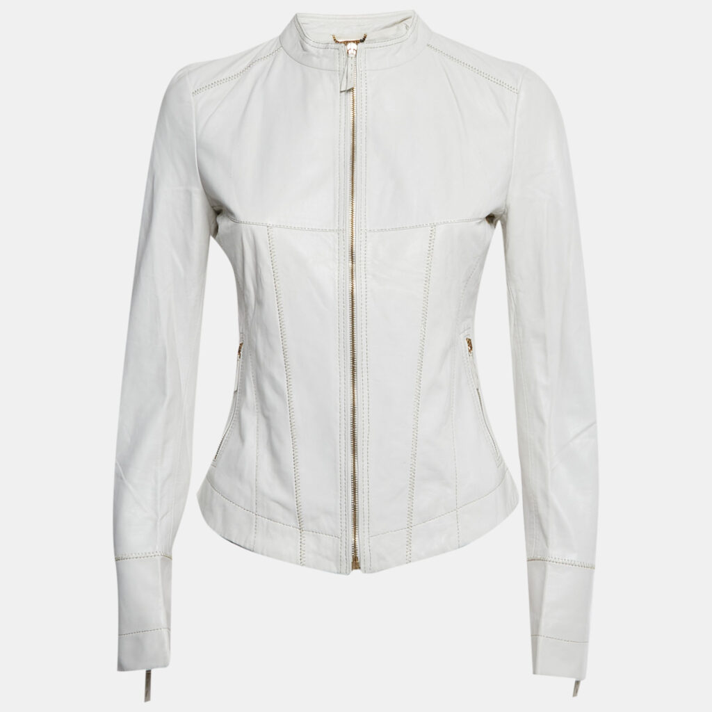 Roberto Cavalli White Leather Zip-Up Jacket S Roberto Cavalli White Leather Zip-Up Jacket S