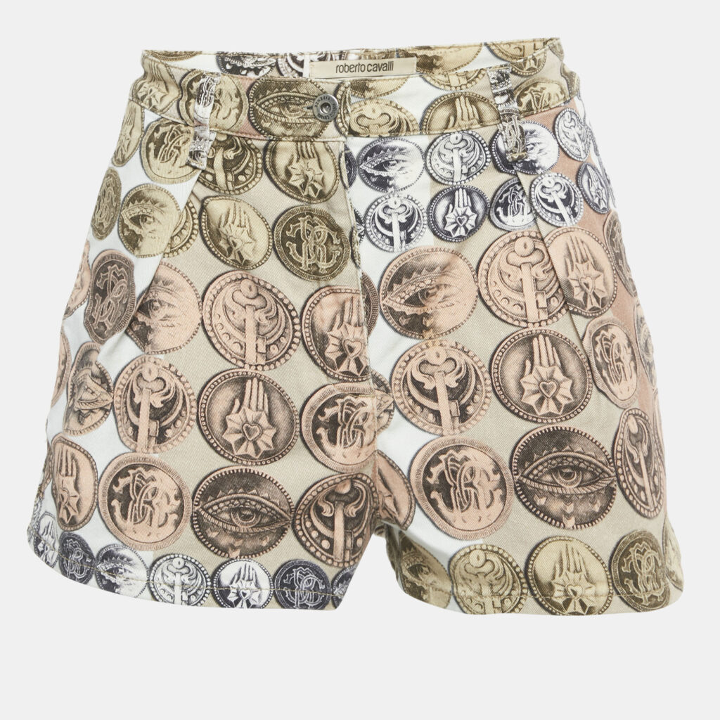 Roberto Cavalli Beige Printed Denim Shorts S/Waist 26"