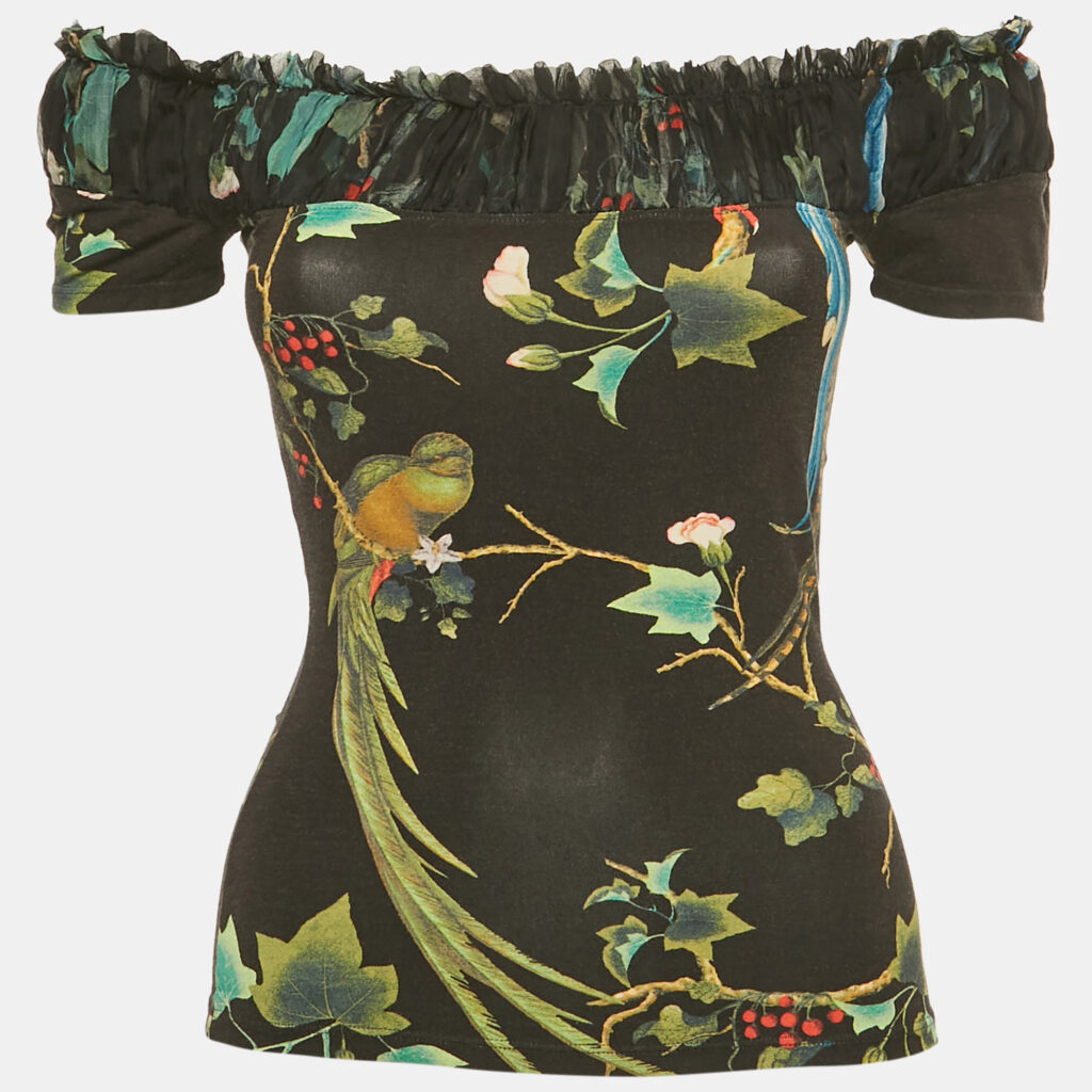 Roberto Cavalli Black Floral Print Jersey Off Shoulder Top S
