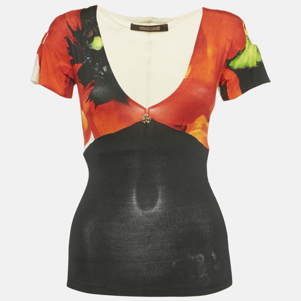 Roberto Cavalli Red/Black Printed Jersey V-Neck Top S Roberto Cavalli Red/Black Printed Jersey V-Neck Top S