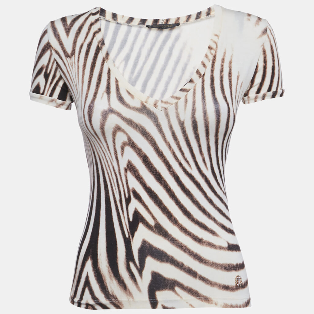 Roberto Cavalli Brown Animal Skin Print Jersey V-Neck Top S
