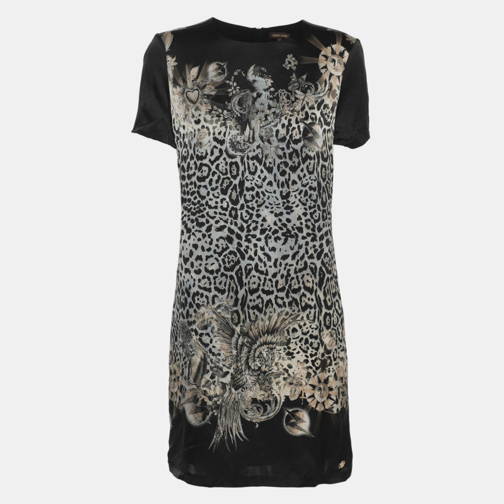 Roberto Cavalli Black Multicolor Printed Satin Mini Dress M Roberto Cavalli Black Multicolor Printed Satin Mini Dress M