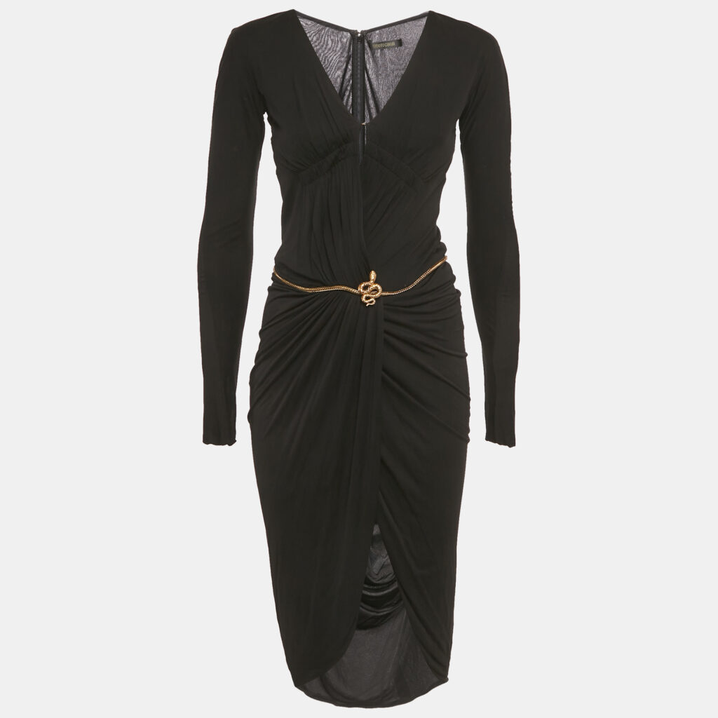Roberto Cavalli Black Jersey Draped Belt Detail Dress S Roberto Cavalli Black Jersey Draped Belt Detail Dress S