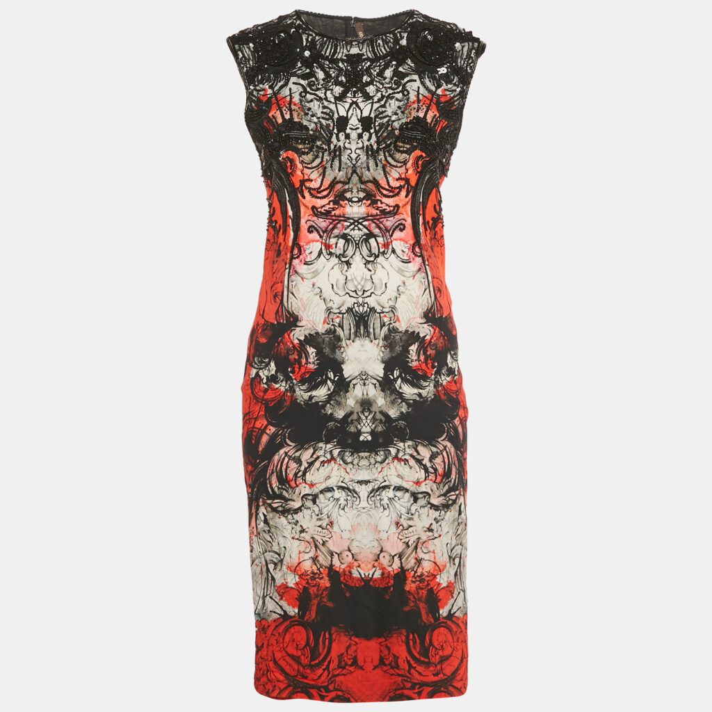 Roberto Cavalli Red/Black Print Crepe Beaded Sleeveless Dress M Roberto Cavalli Red/Black Print Crepe Beaded Sleeveless Dress M